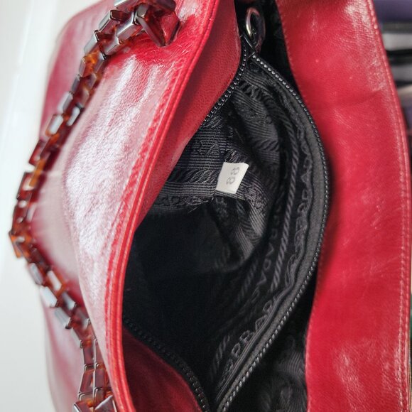 Vintage Prada Mini Tote Bag Shiny Deep Red Leather with Brown Lucite Handles - Picture 9 of 13
